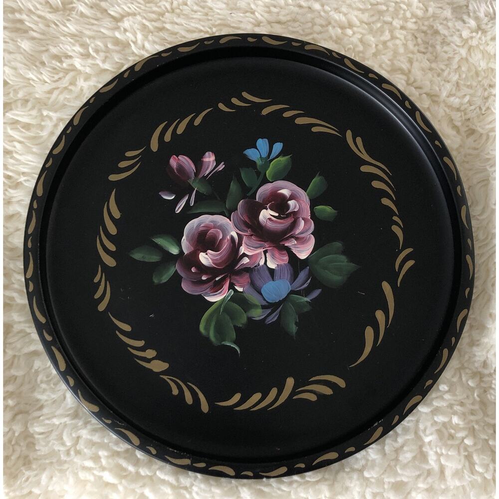 Nashco Toleware Hand Painted Flowers Round Metal Tray 11" Black Pink Blue Gold